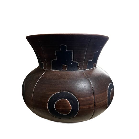 VTG Armando De Mexico Aztec Design Pottery Vessel Pot 7" Tall  7" Wide - Picture 1 of 5